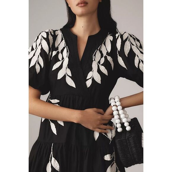 Anthropologie Short-Sleeve Embroidery Appliqué Midi Dress Small Petite SP NEW - Picture 3 of 3